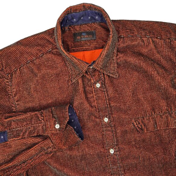 Etro Milano Corduroy Mens Size 42 Button Front Shirt Burnt Orange Made in Italy